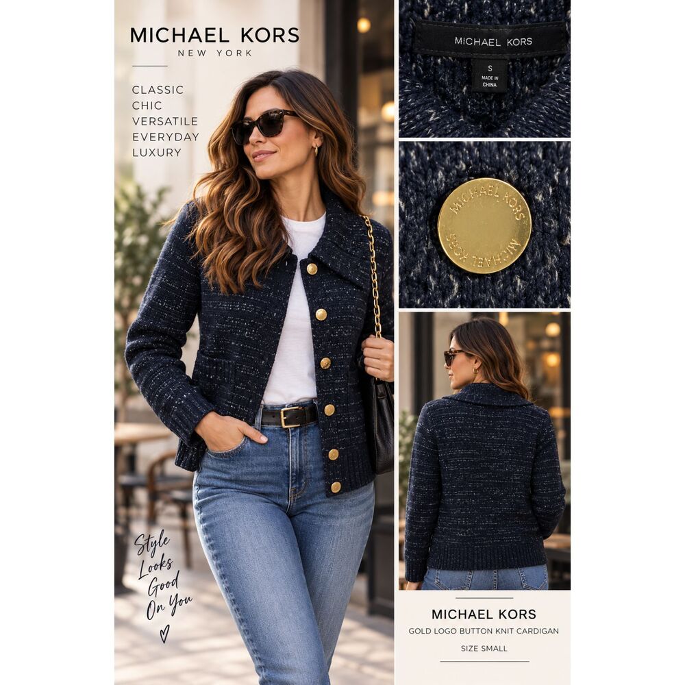 Michael Kors Gold Logo Button Knit Wool Blend Cardigan Blue Sweater Size Small